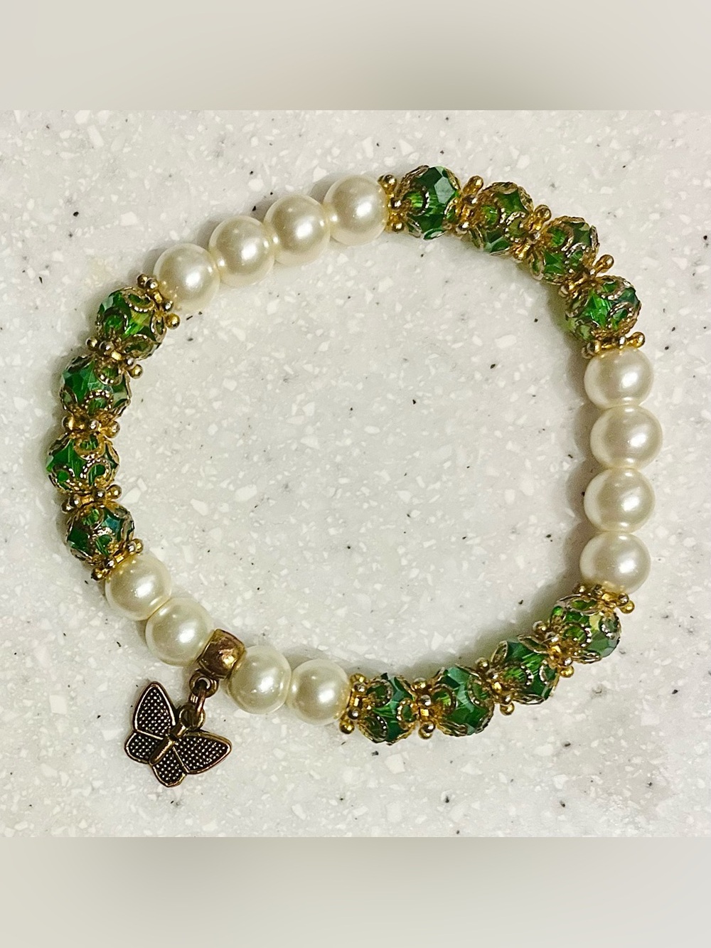 Vintage Pearl and Green Crystal Stretch Bracelet with Butterfly Charm
